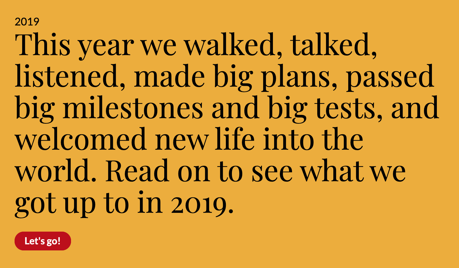 This year we walked, talked, listened, made big plans, passed big milestones and big tests, and welcomed new life into the world. Read on to see what we got up to in 2019.