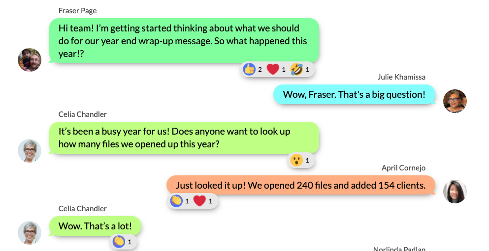 A colourful chat window. Fraser ask "Hi team! I’m getting started thinking about what we should do for our year end wrap-up message. So what happened this year!?"